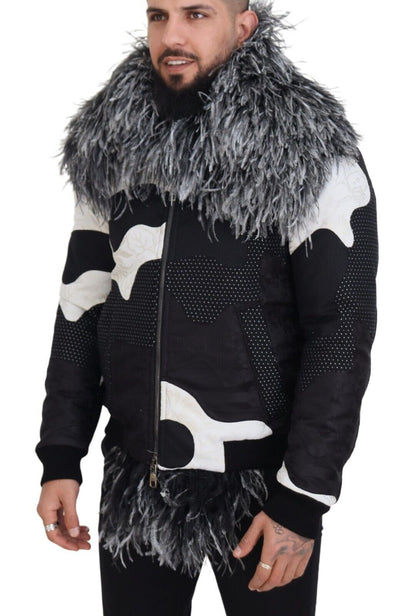 Dolce &amp; Gabbana Elegante chaqueta de piel de oveja con cremallera en blanco y negro