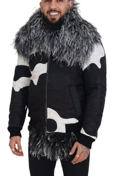 Dolce &amp; Gabbana Elegante chaqueta de piel de oveja con cremallera en blanco y negro
