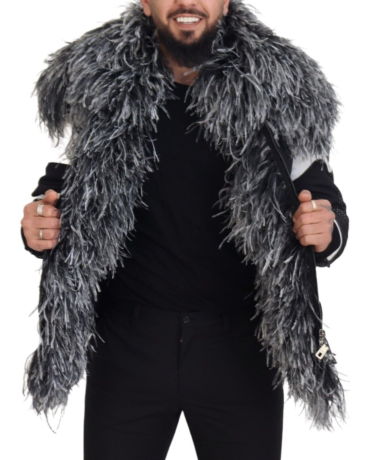 Dolce &amp; Gabbana Elegante chaqueta de piel de oveja con cremallera en blanco y negro