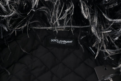 Dolce &amp; Gabbana Elegante chaqueta de piel de oveja con cremallera en blanco y negro
