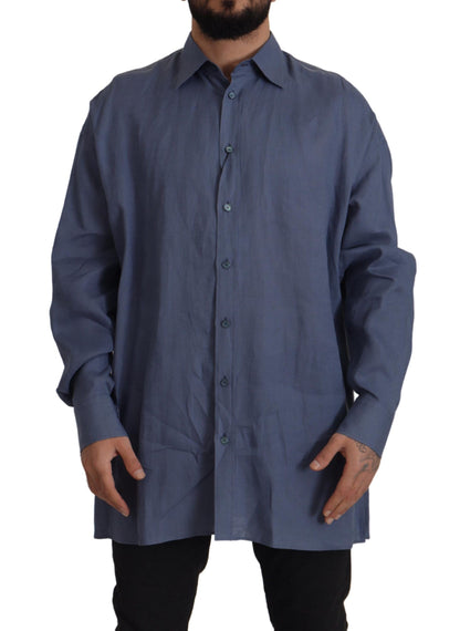 Dolce &amp; Gabbana Elegante Camisa De Vestir De Lino Azul Oscuro