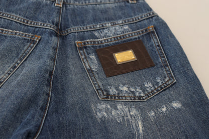 Dolce & Gabbana Blue Washed Cotton Tattered Denim Jeans