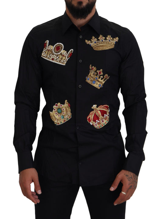 Dolce &amp; Gabbana Elegante camisa de vestir negra slim fit con bordado de corona