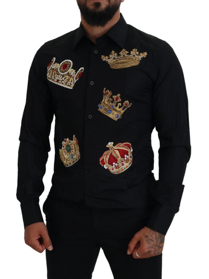 Dolce &amp; Gabbana Elegante camisa de vestir negra slim fit con bordado de corona