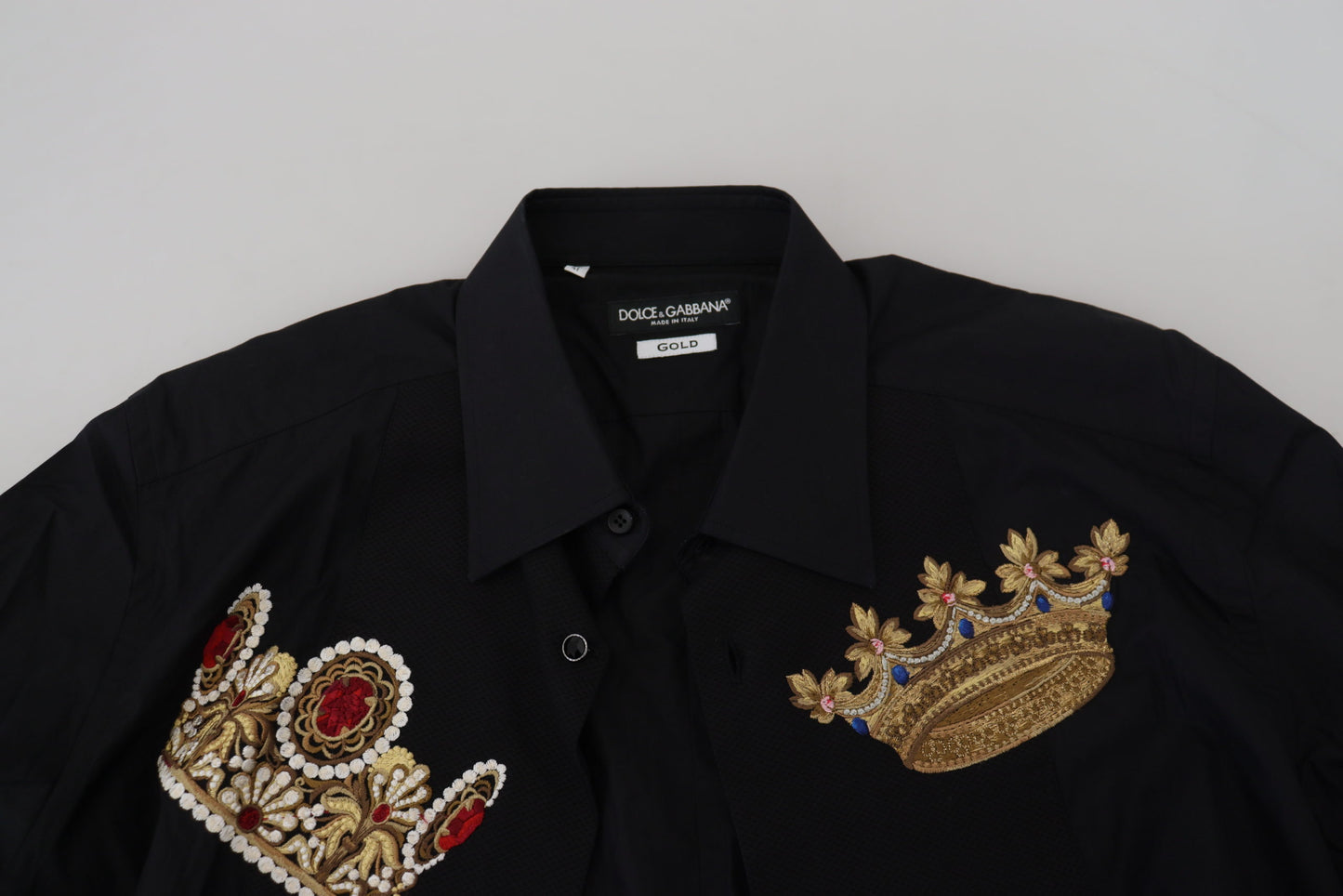 Dolce &amp; Gabbana Elegante camisa de vestir negra slim fit con bordado de corona