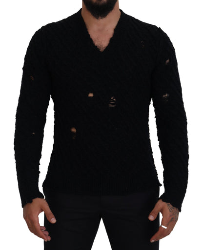 Dolce &amp; Gabbana Elegante jersey negro con cuello de pico en mezcla de lana