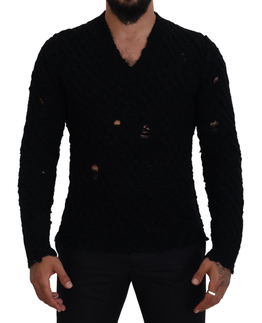 Dolce &amp; Gabbana Elegante jersey negro con cuello de pico en mezcla de lana