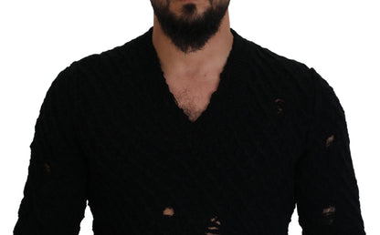 Dolce &amp; Gabbana Elegante jersey negro con cuello de pico en mezcla de lana