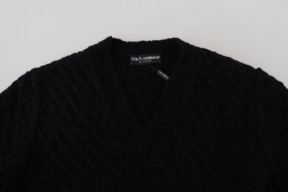 Dolce &amp; Gabbana Elegante jersey negro con cuello de pico en mezcla de lana