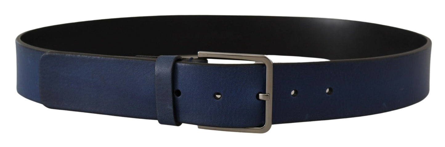 Dolce &amp; Gabbana Elegante Cinturón de Piel Azul con Hebilla Plateada