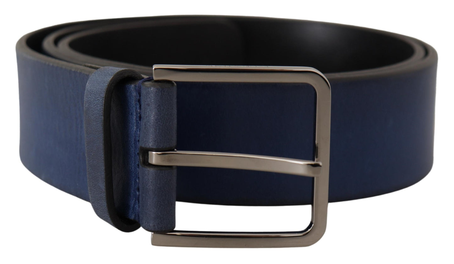 Dolce &amp; Gabbana Elegante Cinturón de Piel Azul con Hebilla Plateada