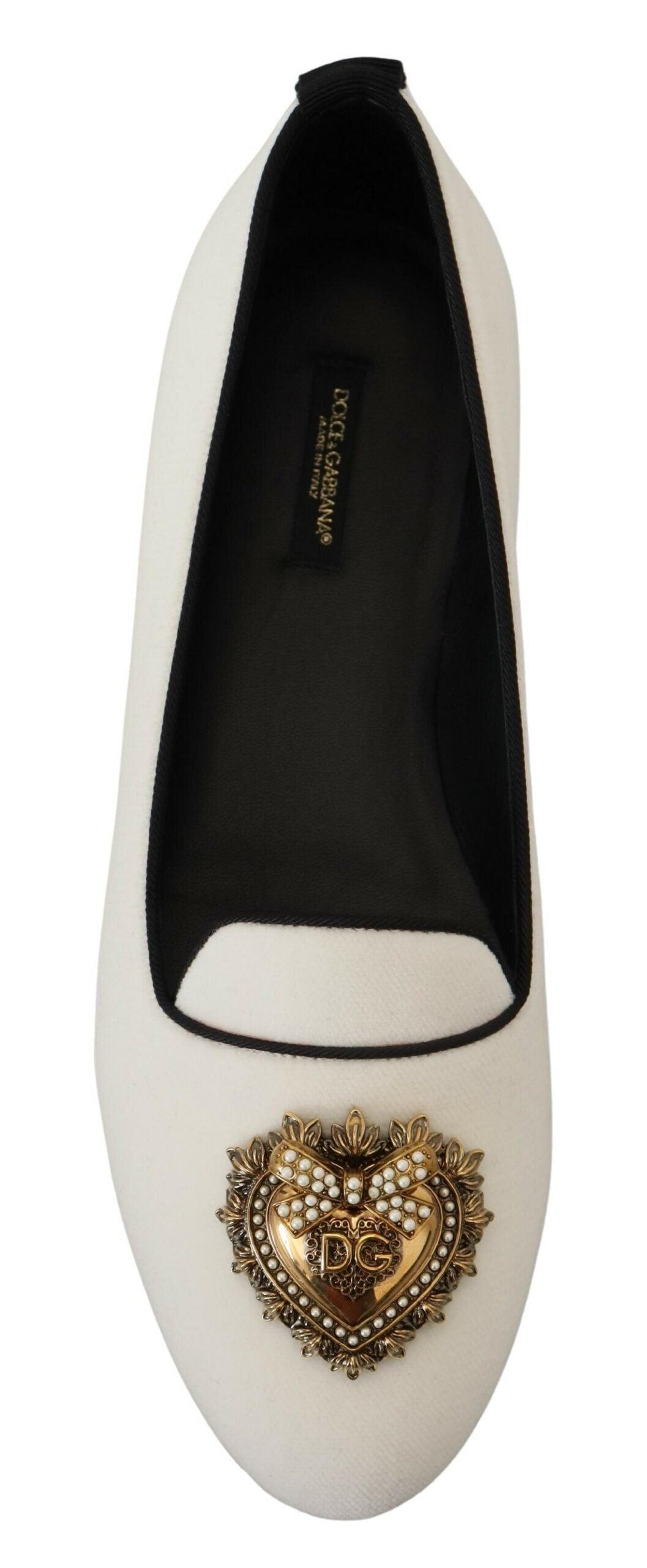 Dolce &amp; Gabbana Elegantes mocasines de terciopelo blanco con detalle de corazón dorado