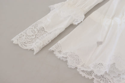 Dolce & Gabbana White Cotton Lace Trim Turtle Neck Blouse Top