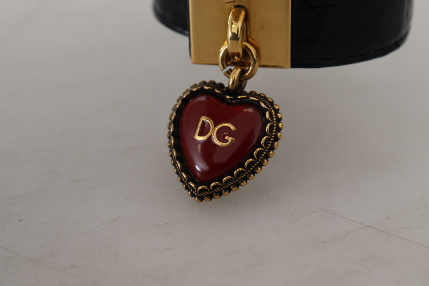 Dolce &amp; Gabbana Elegant Black Leather Gold Detail Bracelet