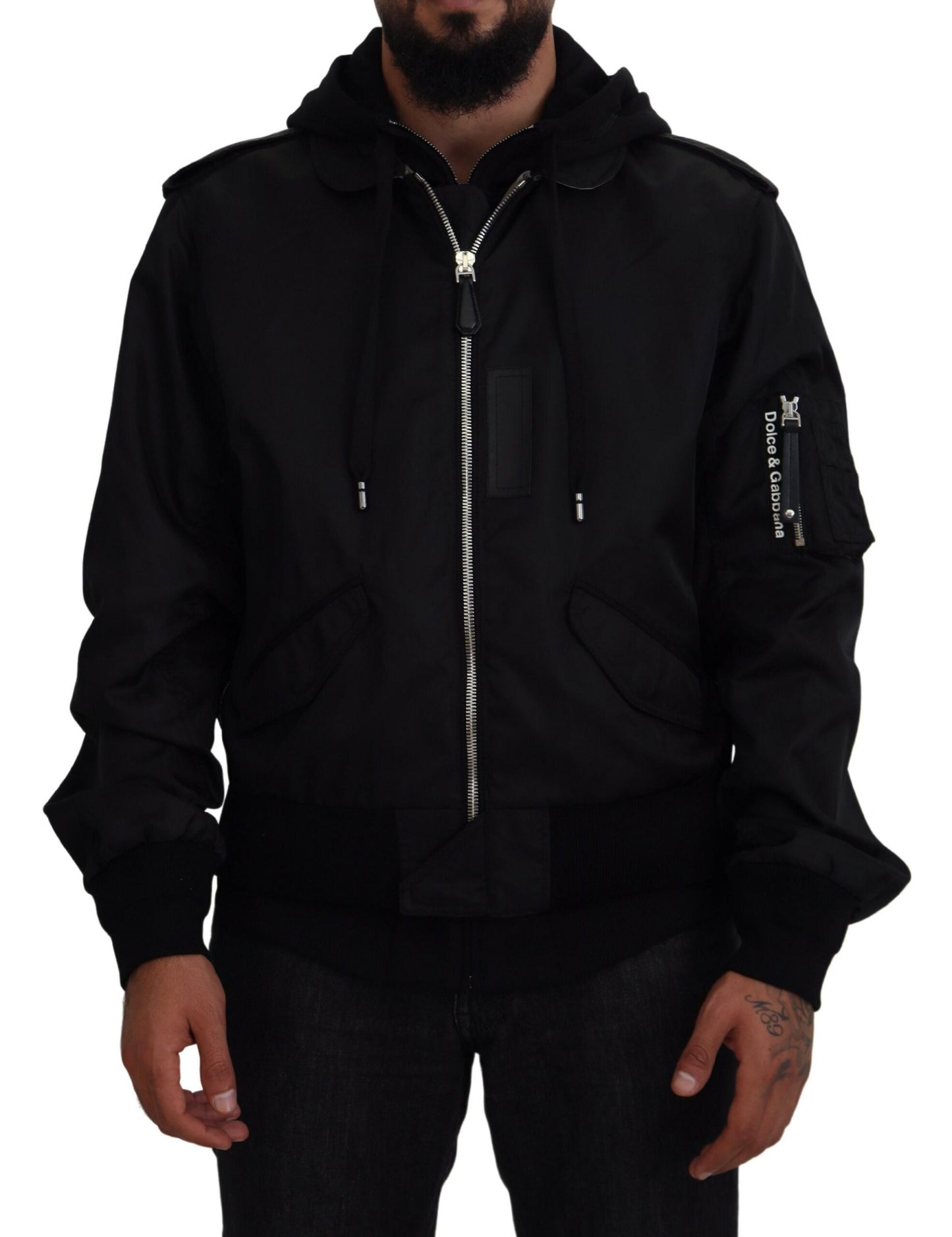Dolce &amp; Gabbana elegante chaqueta bomber con capucha negra