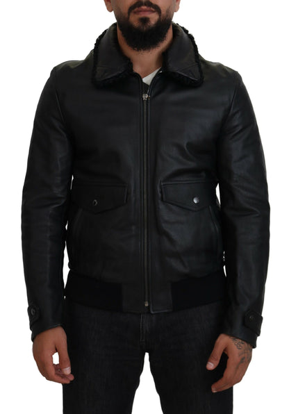 Dolce &amp; Gabbana Chaqueta elegante de cuero negro con forro de seda