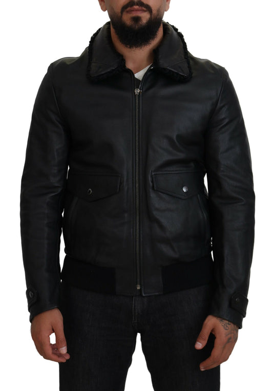 Dolce &amp; Gabbana Chaqueta elegante de cuero negro con forro de seda