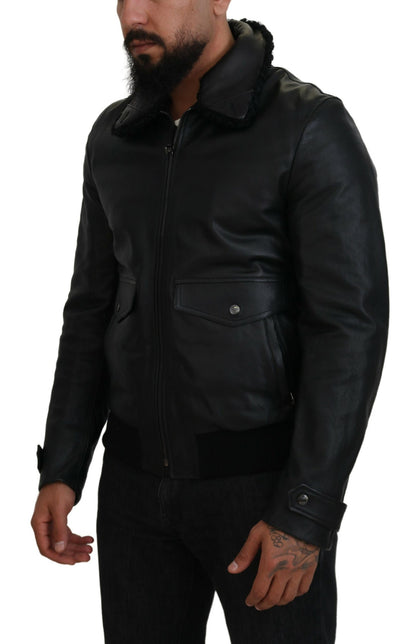 Dolce &amp; Gabbana Chaqueta elegante de cuero negro con forro de seda