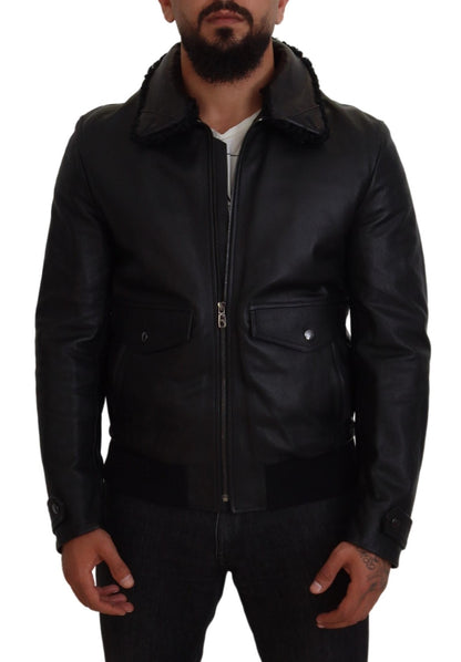 Dolce &amp; Gabbana Chaqueta elegante de cuero negro con forro de seda