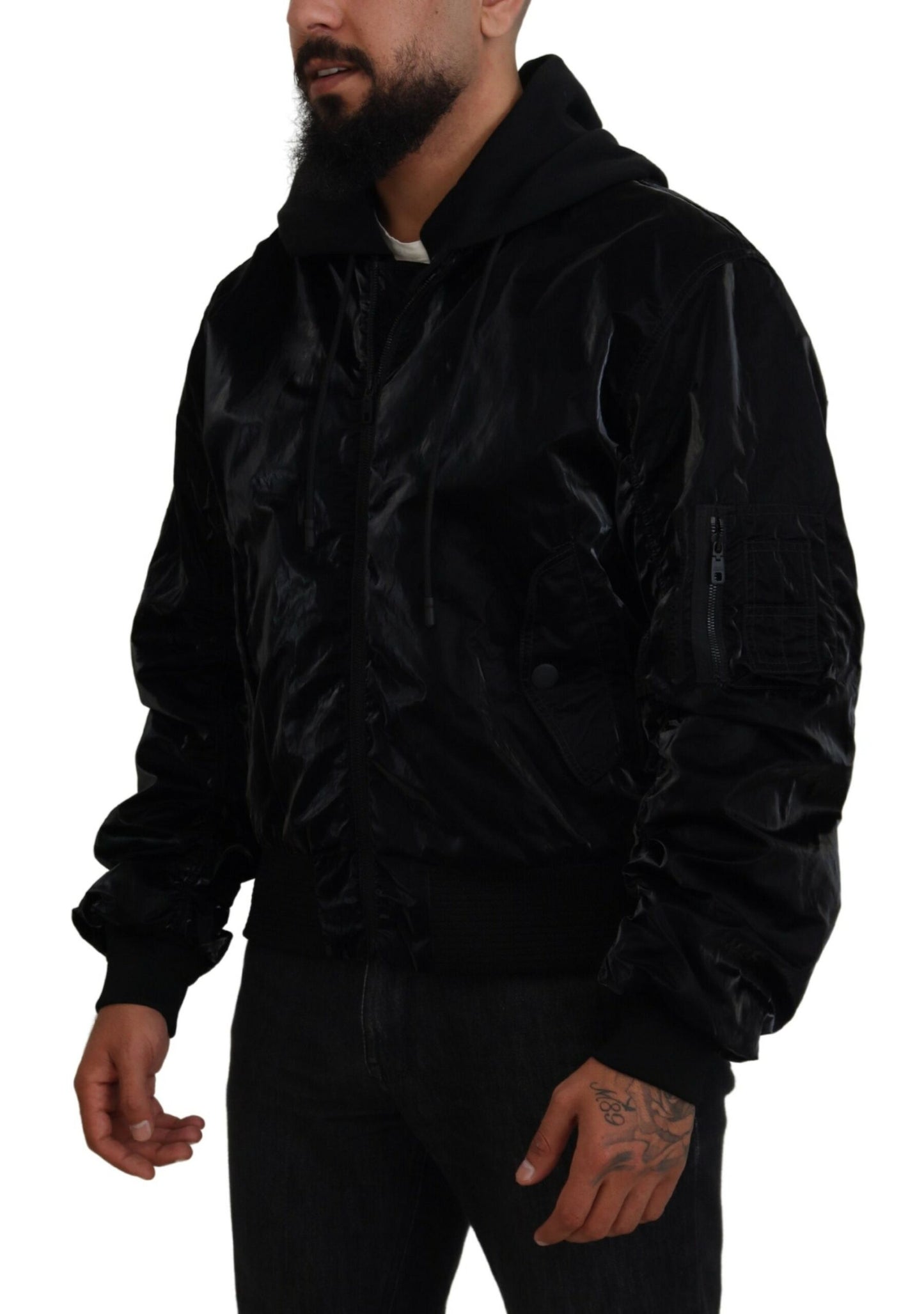 Dolce &amp; Gabbana Elegante chaqueta bomber negra con capucha