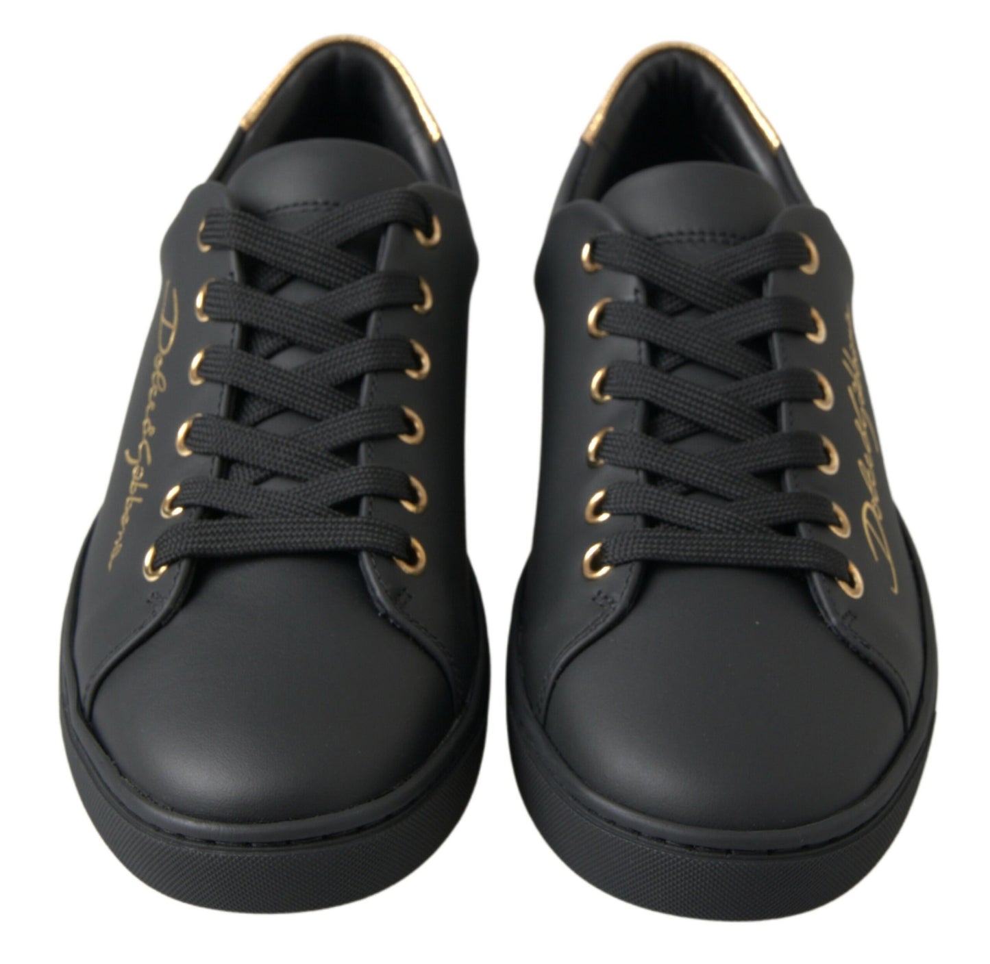 Dolce &amp; Gabbana Zapatillas clásicas de cuero negro dorado