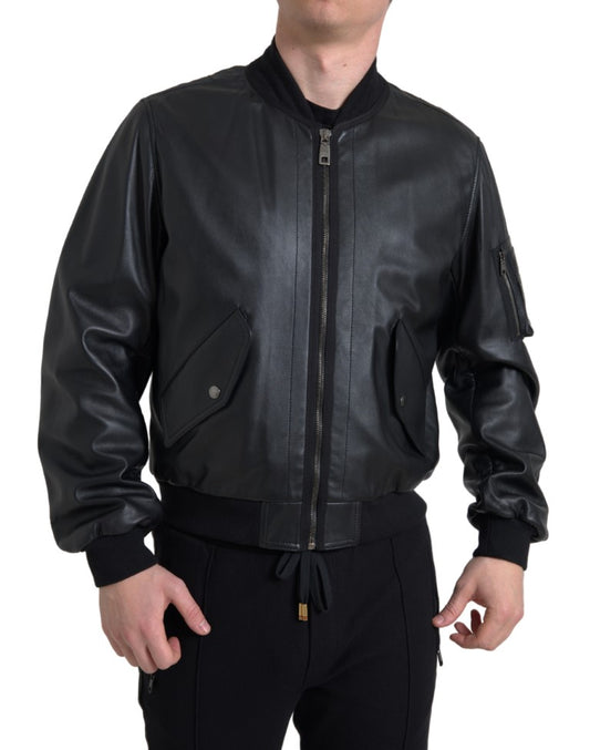 Dolce &amp; Gabbana Elegante chaqueta bomber de cuero negra