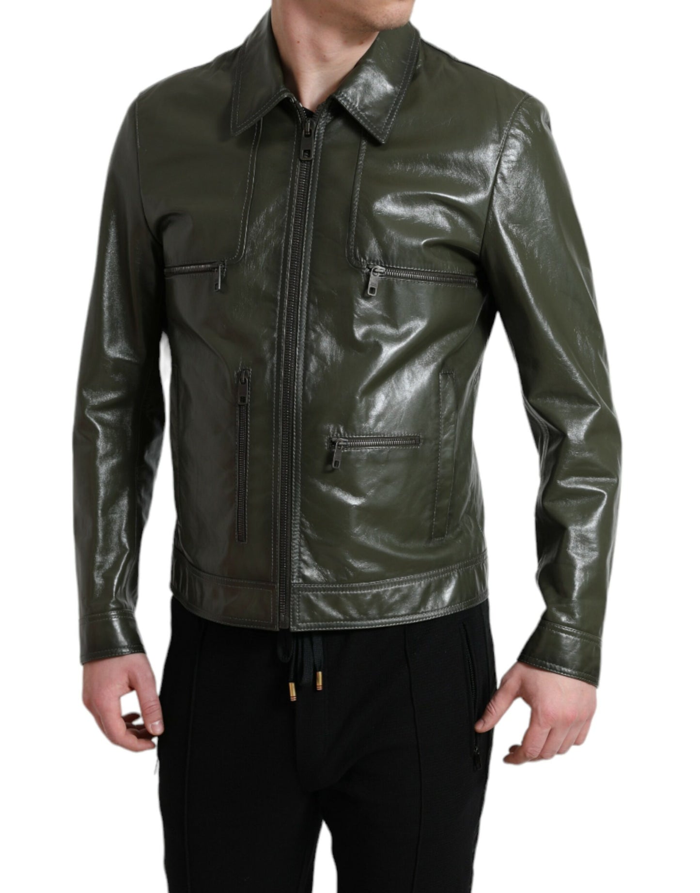 Dolce &amp; Gabbana Chaqueta motera de cuero Emerald Elegance