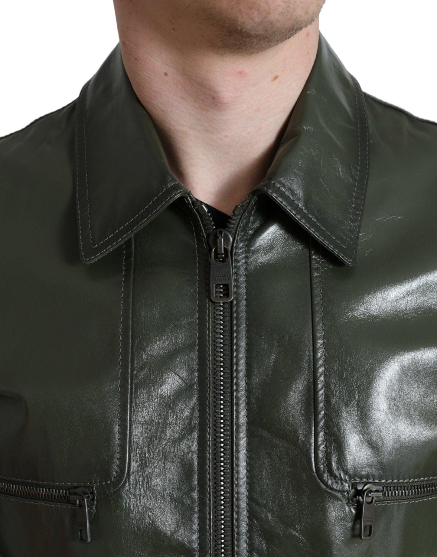 Dolce &amp; Gabbana Chaqueta motera de cuero Emerald Elegance