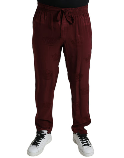 Dolce &amp; Gabbana Elegant Maroon Silk Pajama Pants with Crown Motif