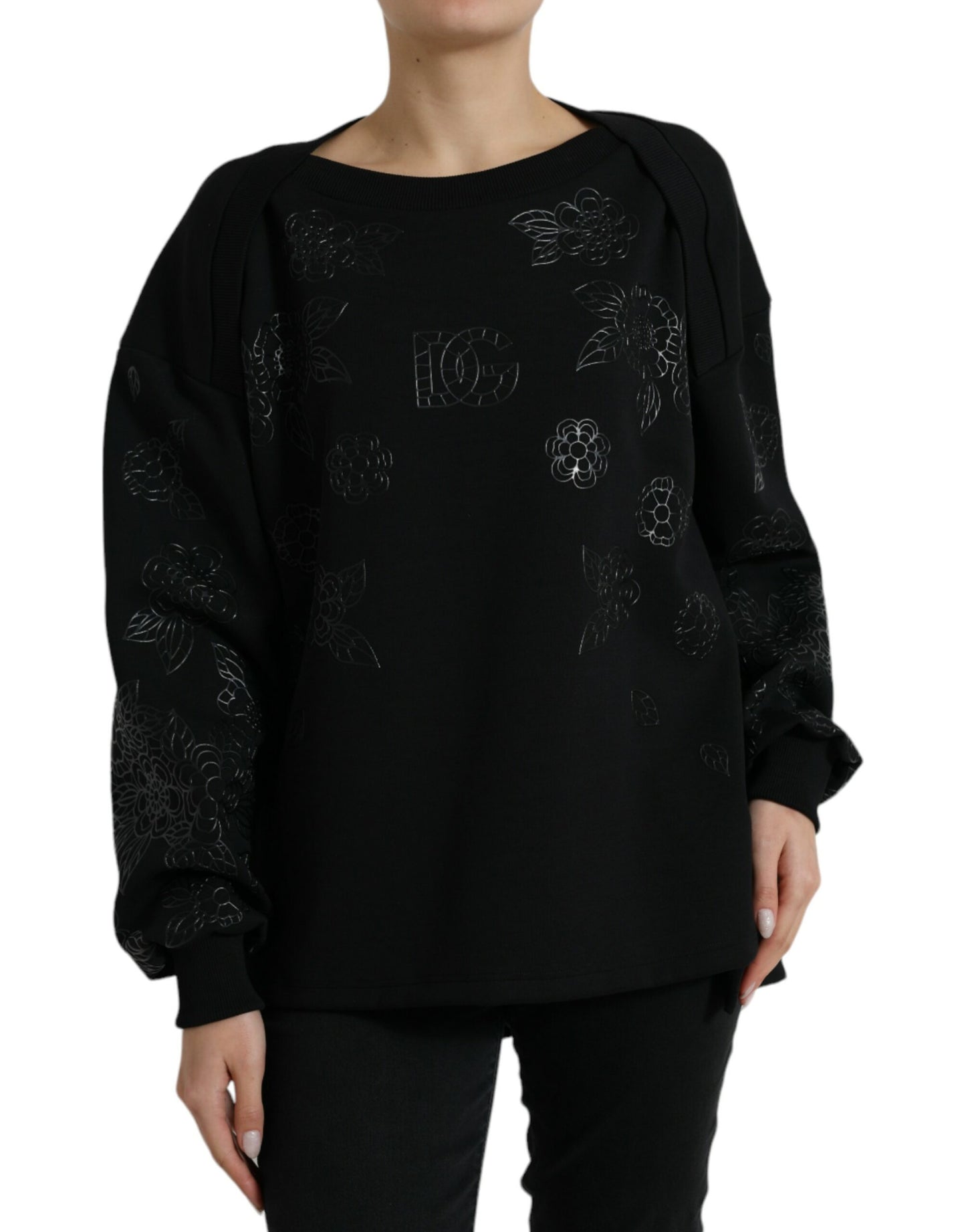 Dolce &amp; Gabbana Elegant Black Floral Applique Sweater