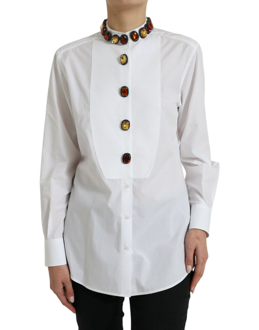 Dolce &amp; Gabbana Elegante top de algodón blanco con adornos de cristales