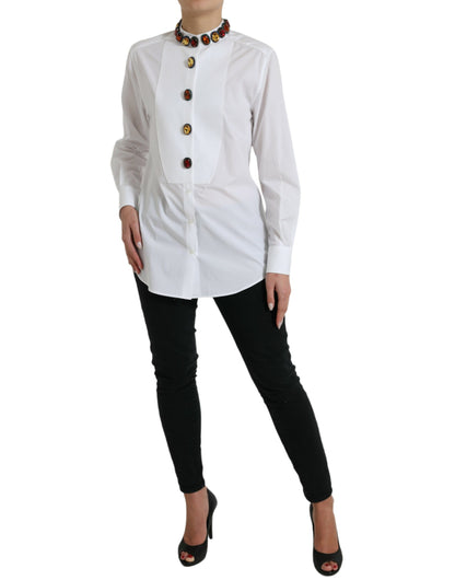 Dolce &amp; Gabbana Elegante top de algodón blanco con adornos de cristales