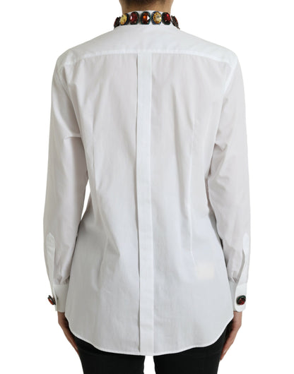 Dolce &amp; Gabbana Elegante top de algodón blanco con adornos de cristales