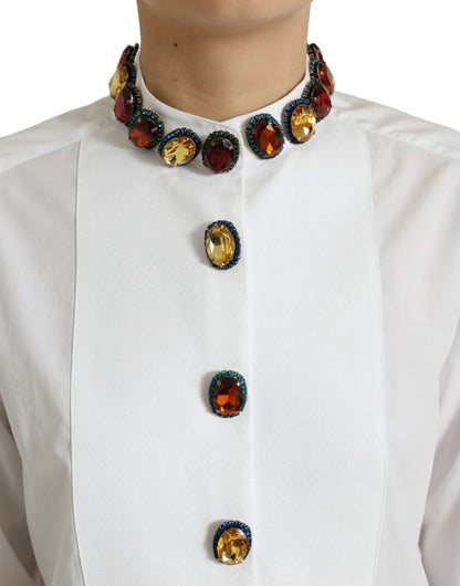 Dolce &amp; Gabbana Elegante top de algodón blanco con adornos de cristales