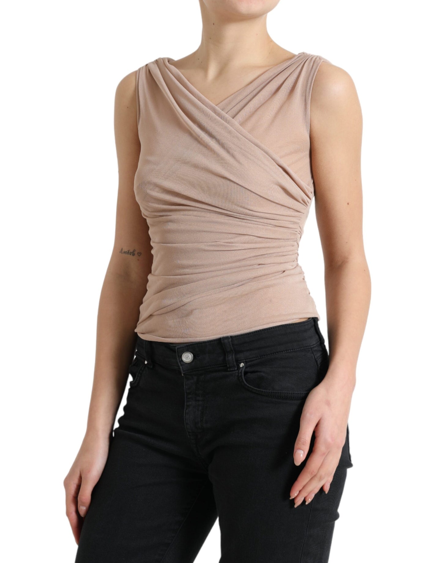Dolce &amp; Gabbana Elegant Beige V-Neck Sleeveless Sheer Tank Top