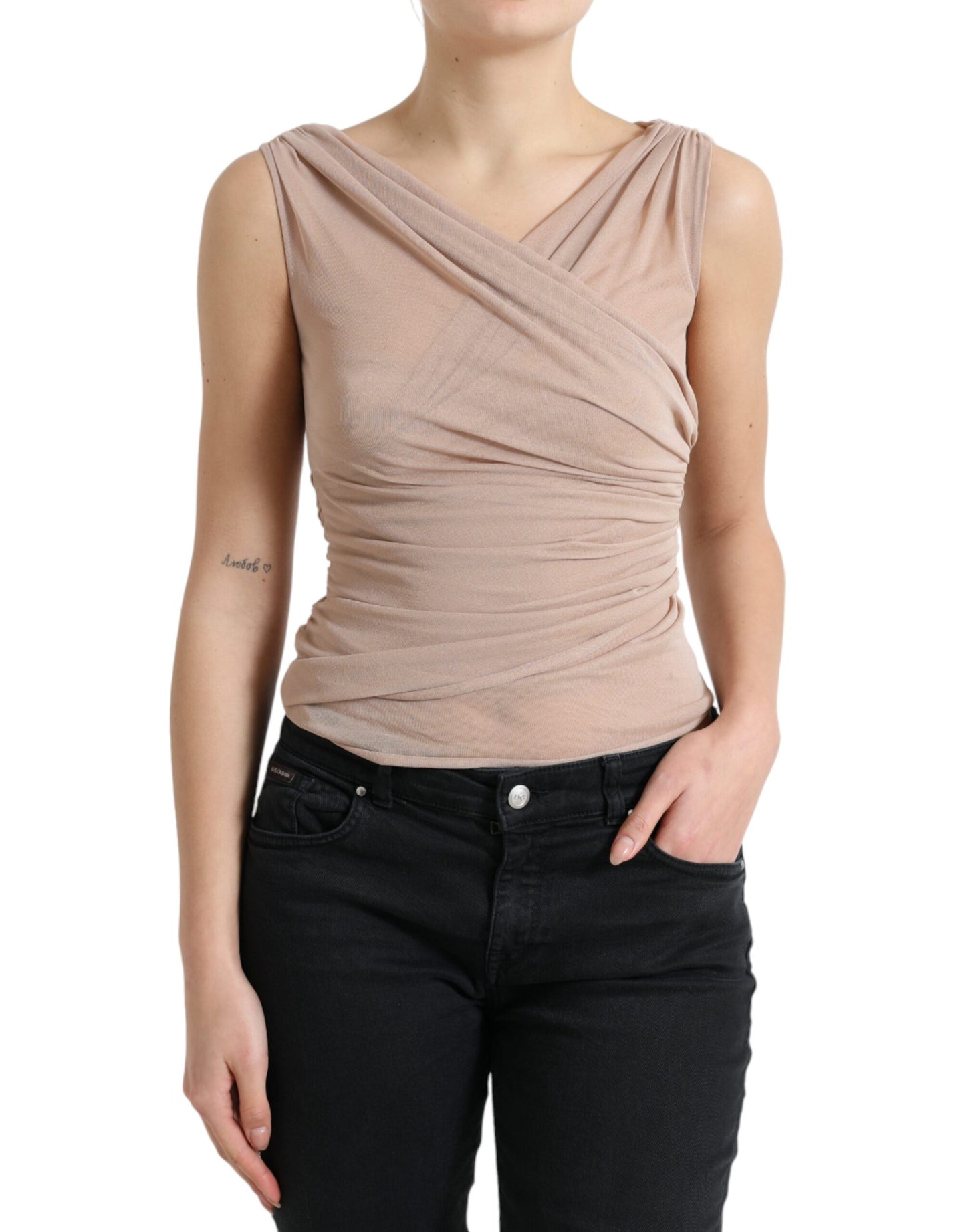Dolce &amp; Gabbana Elegant Beige V-Neck Sleeveless Sheer Tank Top