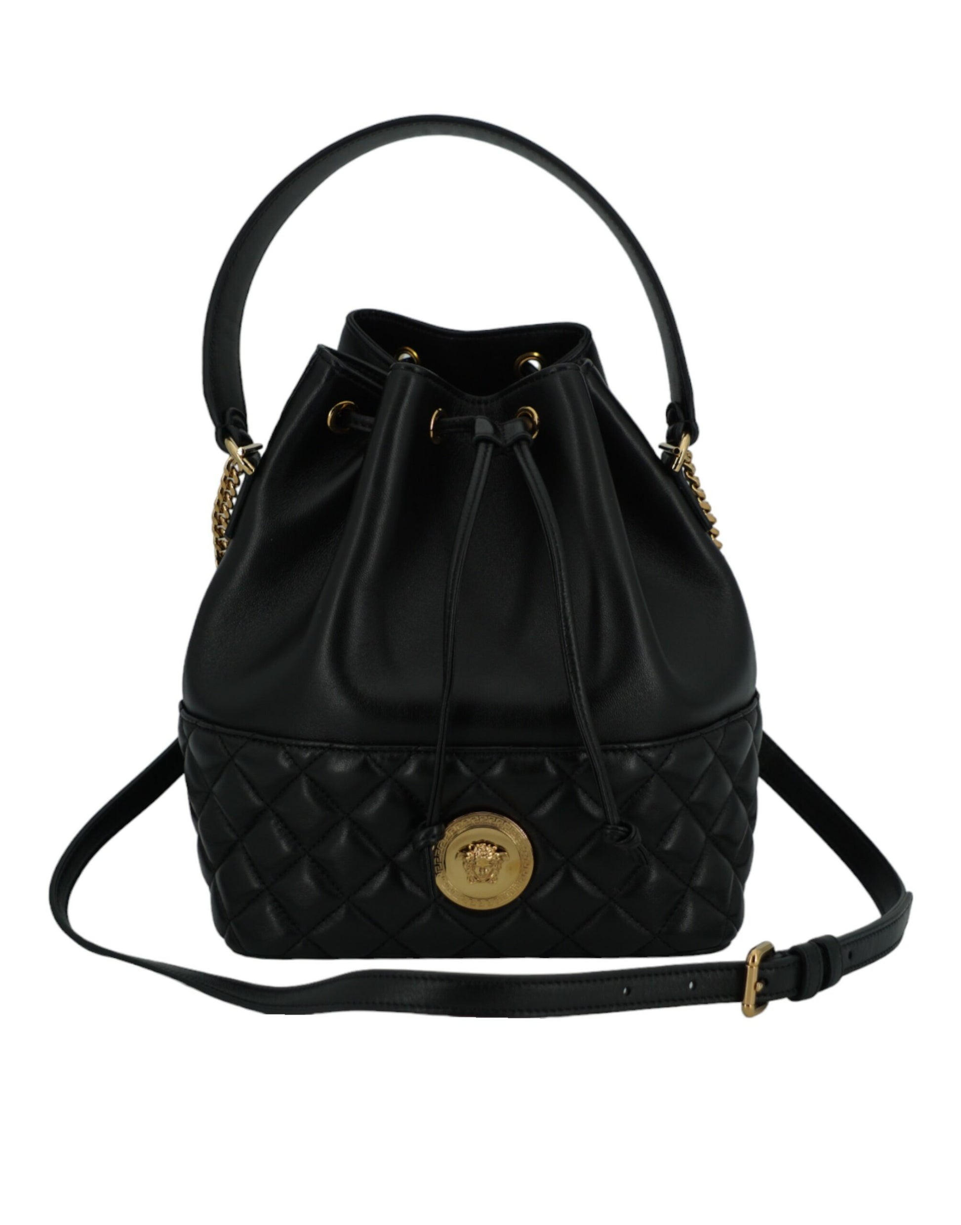 Versace Elegant Black Leather Medusa Bucket Shoulder Bag – par Versace | Disponible sur Sandy Store ByNet