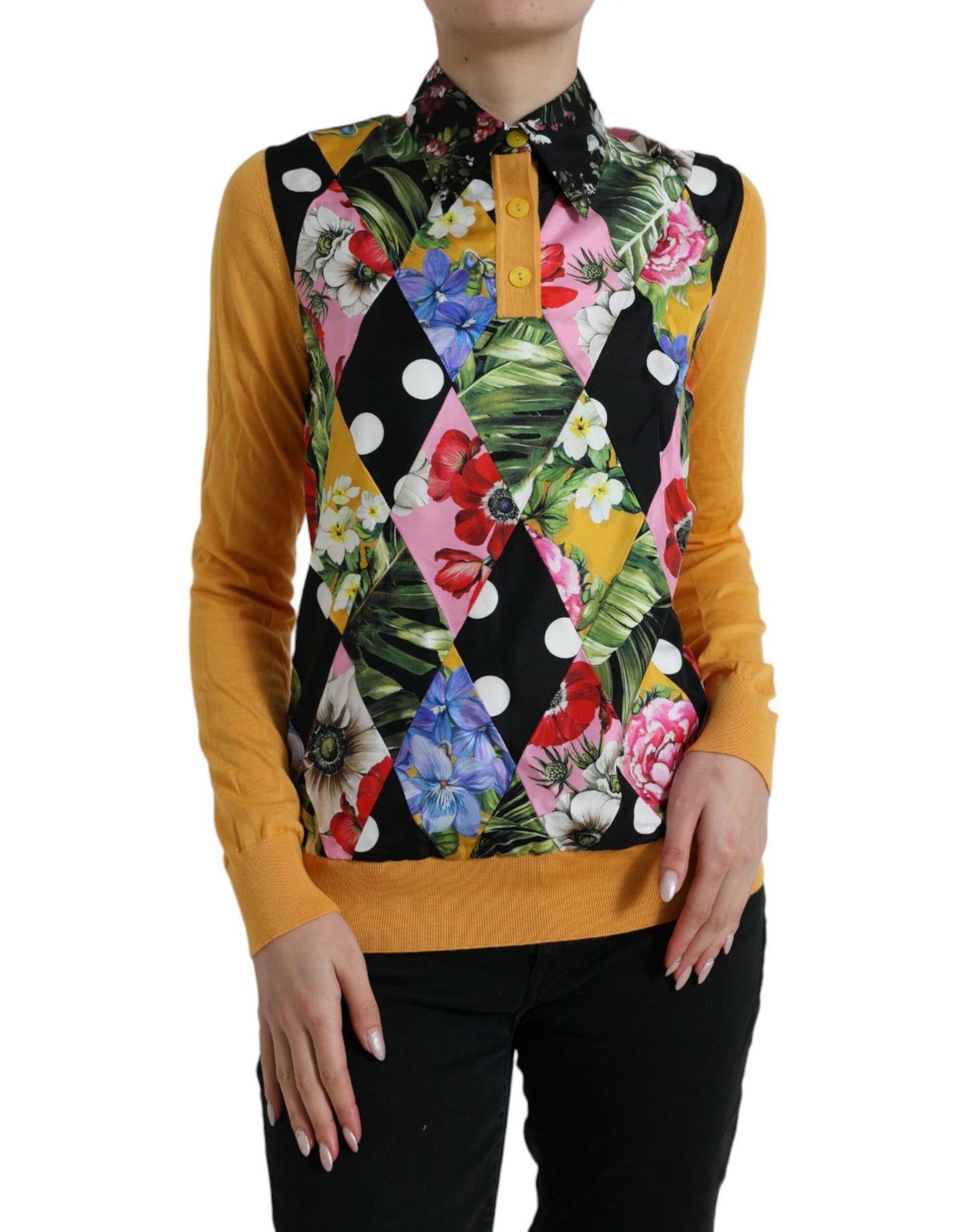 Dolce &amp; Gabbana Suéter elegante en mezcla de seda Henley con patchwork