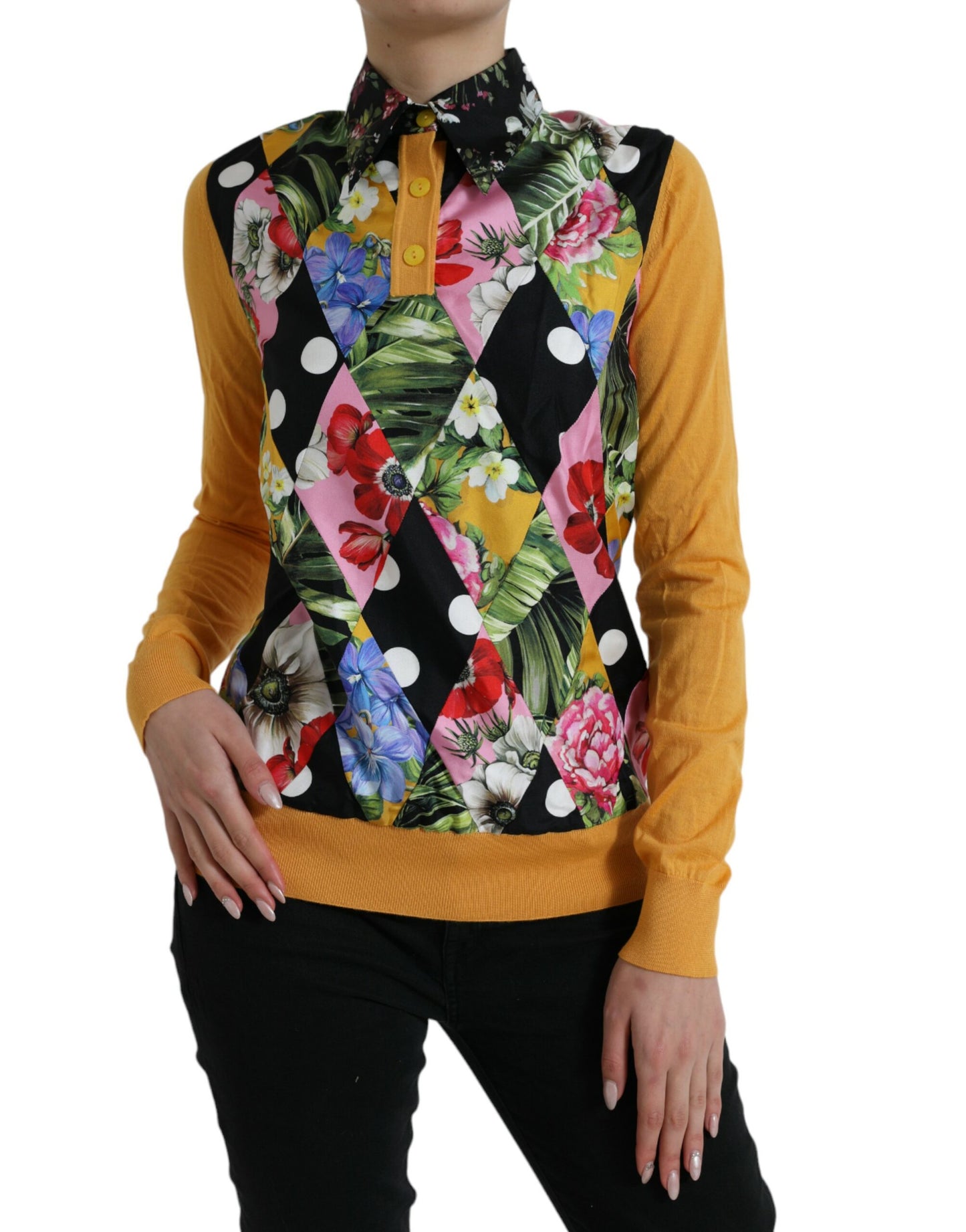 Dolce &amp; Gabbana Suéter elegante en mezcla de seda Henley con patchwork