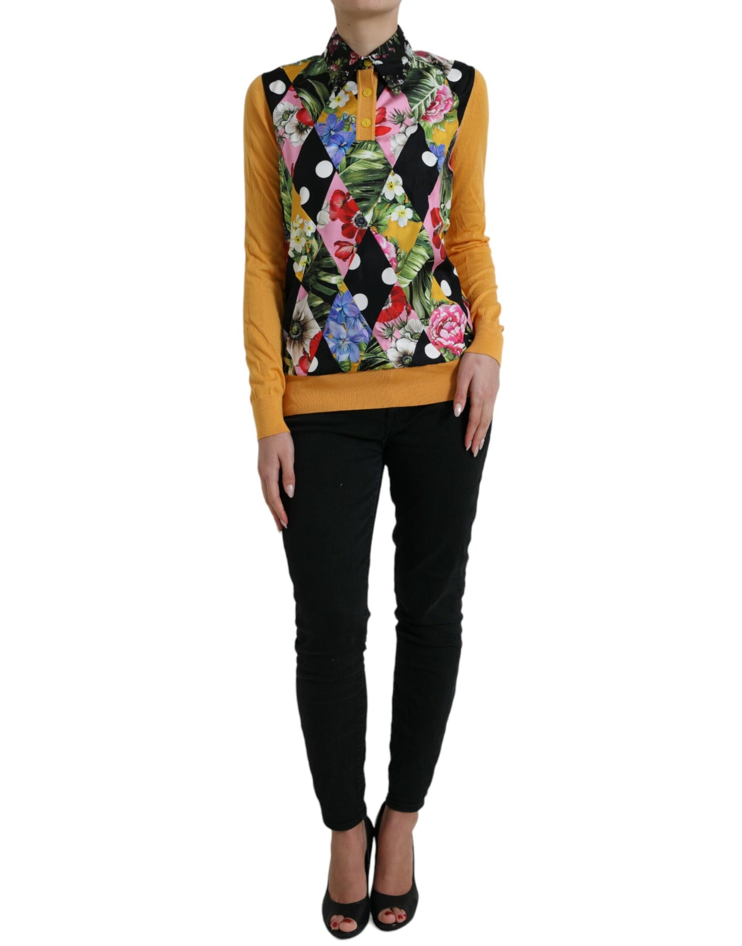 Dolce &amp; Gabbana Suéter elegante en mezcla de seda Henley con patchwork