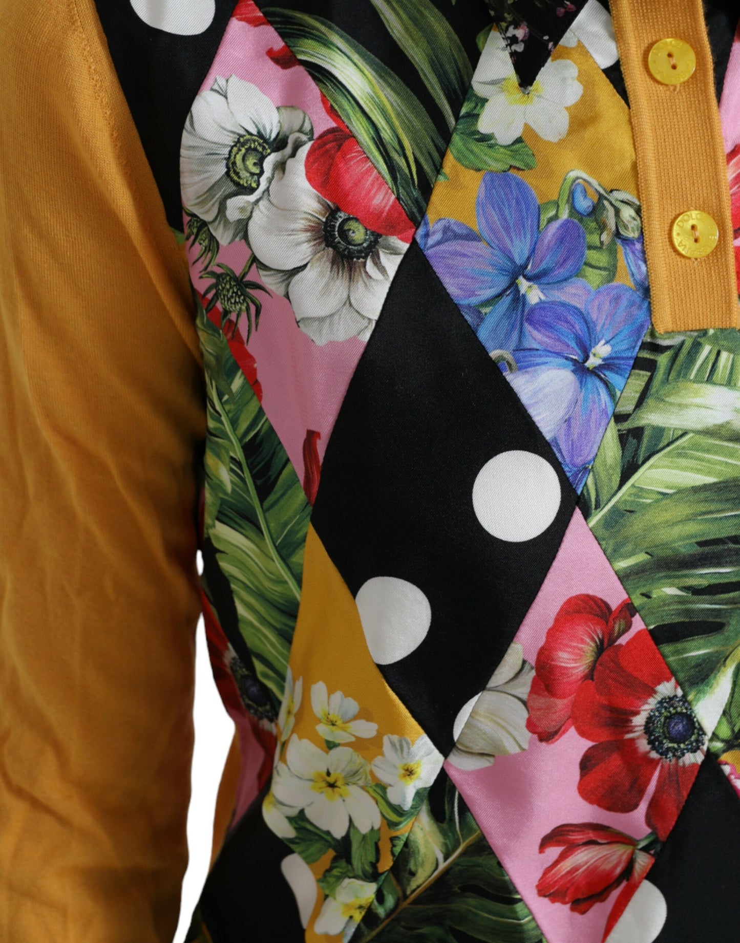 Dolce &amp; Gabbana Suéter elegante en mezcla de seda Henley con patchwork