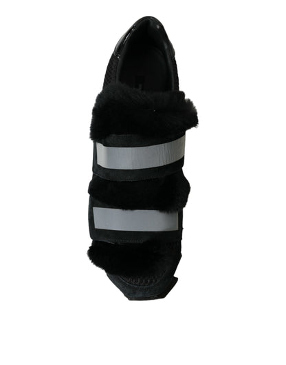 Dolce & Gabbana Black Fur Embellished Suede Sneakers Shoes