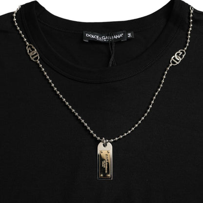 Dolce &amp; Gabbana Elegante camiseta negra de algodón con cuello redondo y detalle de placa de identificación