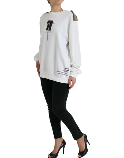 Dolce & Gabbana White Floral Cotton Crew Neck Pullover Sweater