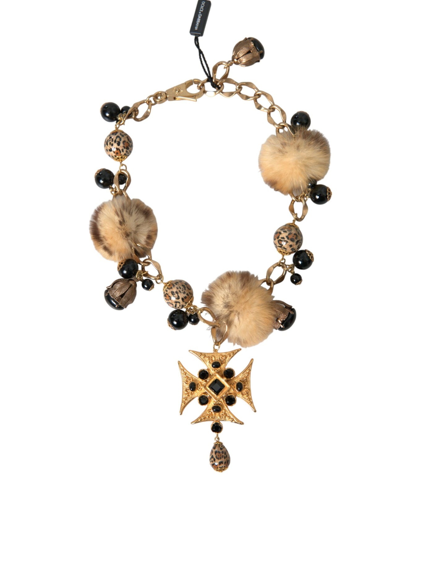 Dolce &amp; Gabbana Gargantilla de filigrana de piel de conejo con cristales negros dorados