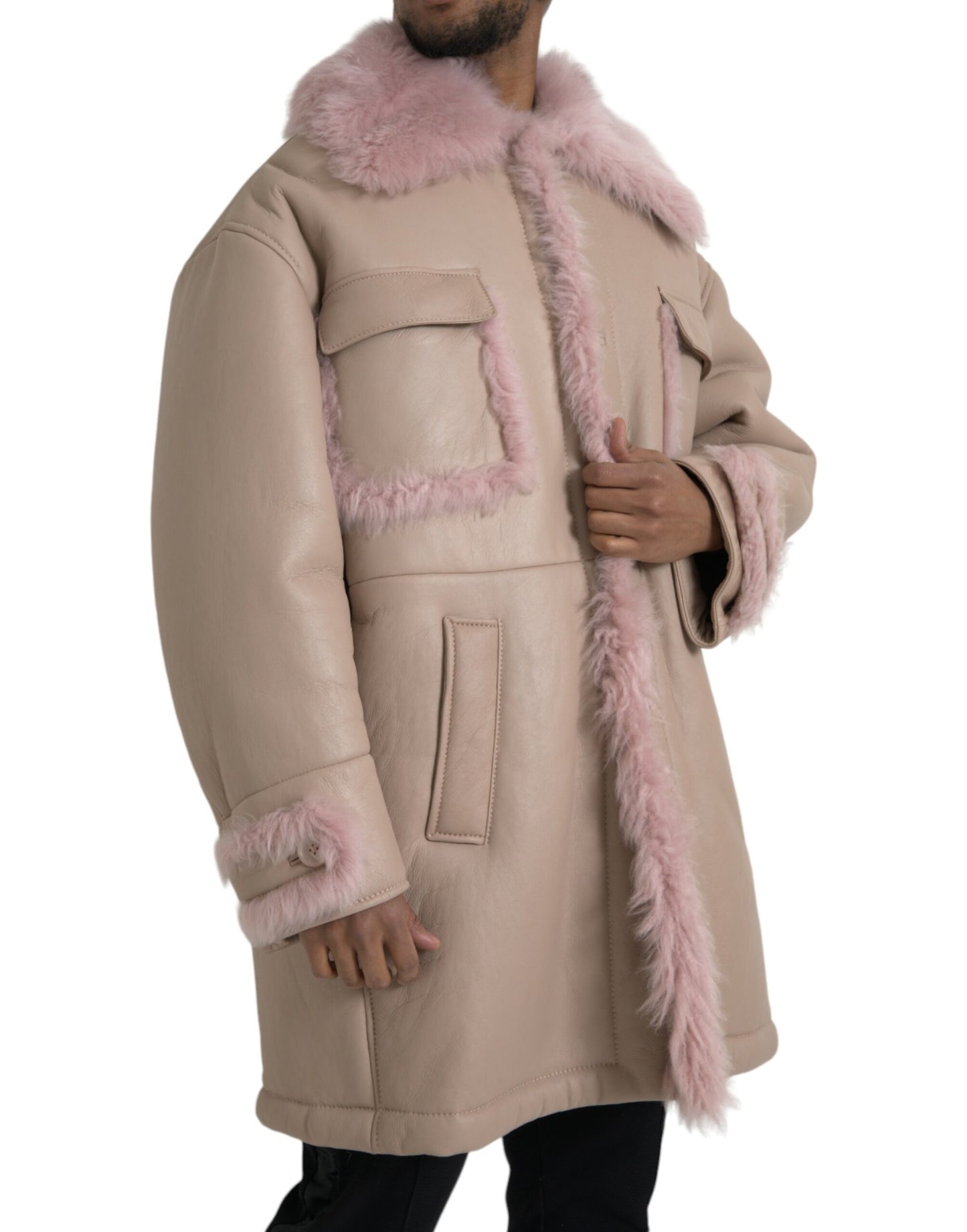 Dolce &amp; Gabbana Chaqueta tipo abrigo de piel de cordero rosa beige
