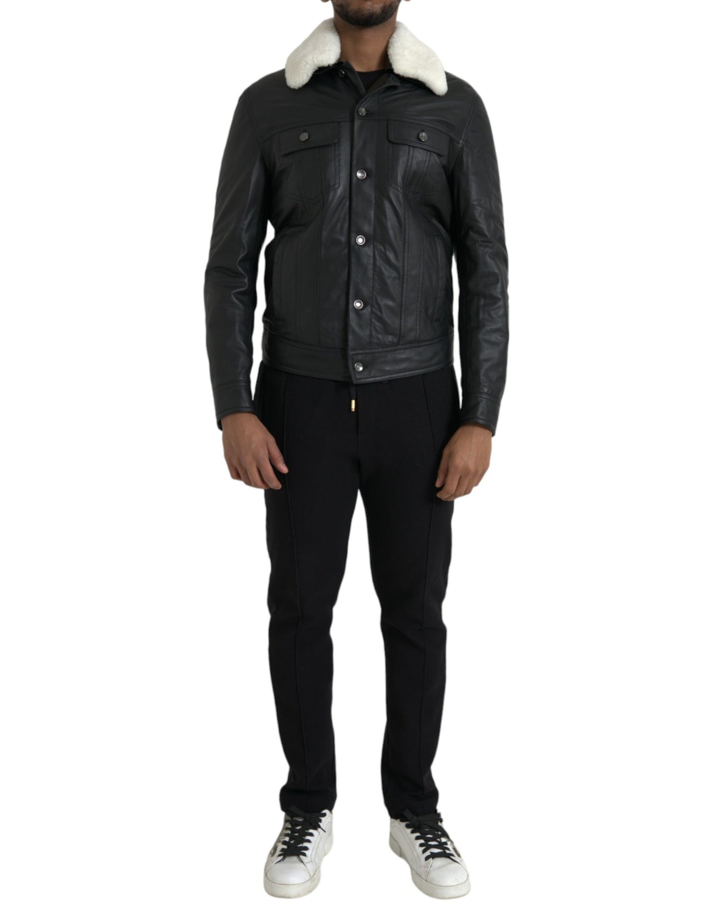 Dolce &amp; Gabbana Chaqueta estilo motero con cuello de piel de cuero negro