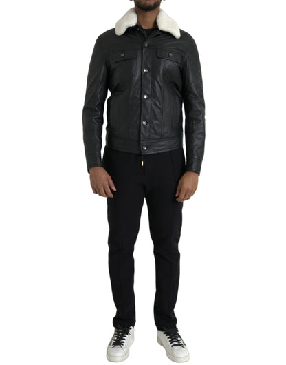 Dolce &amp; Gabbana Chaqueta estilo motero con cuello de piel de cuero negro