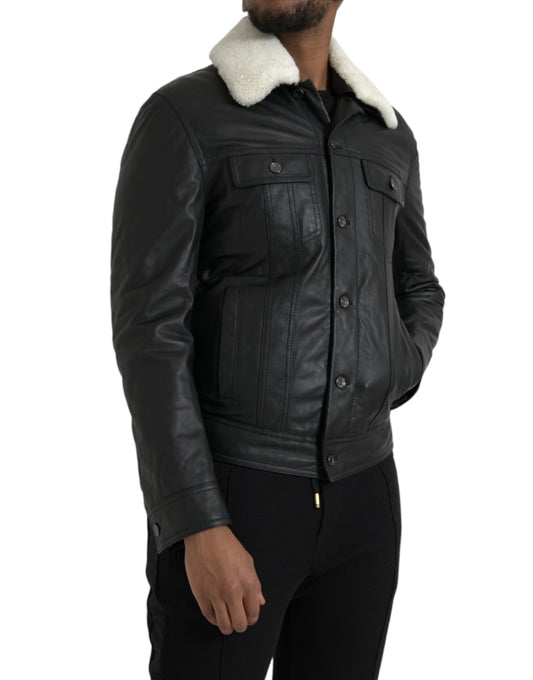 Dolce &amp; Gabbana Chaqueta estilo motero con cuello de piel de cuero negro
