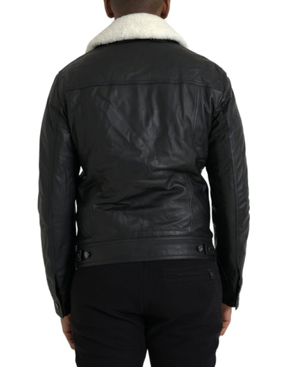 Dolce &amp; Gabbana Chaqueta estilo motero con cuello de piel de cuero negro